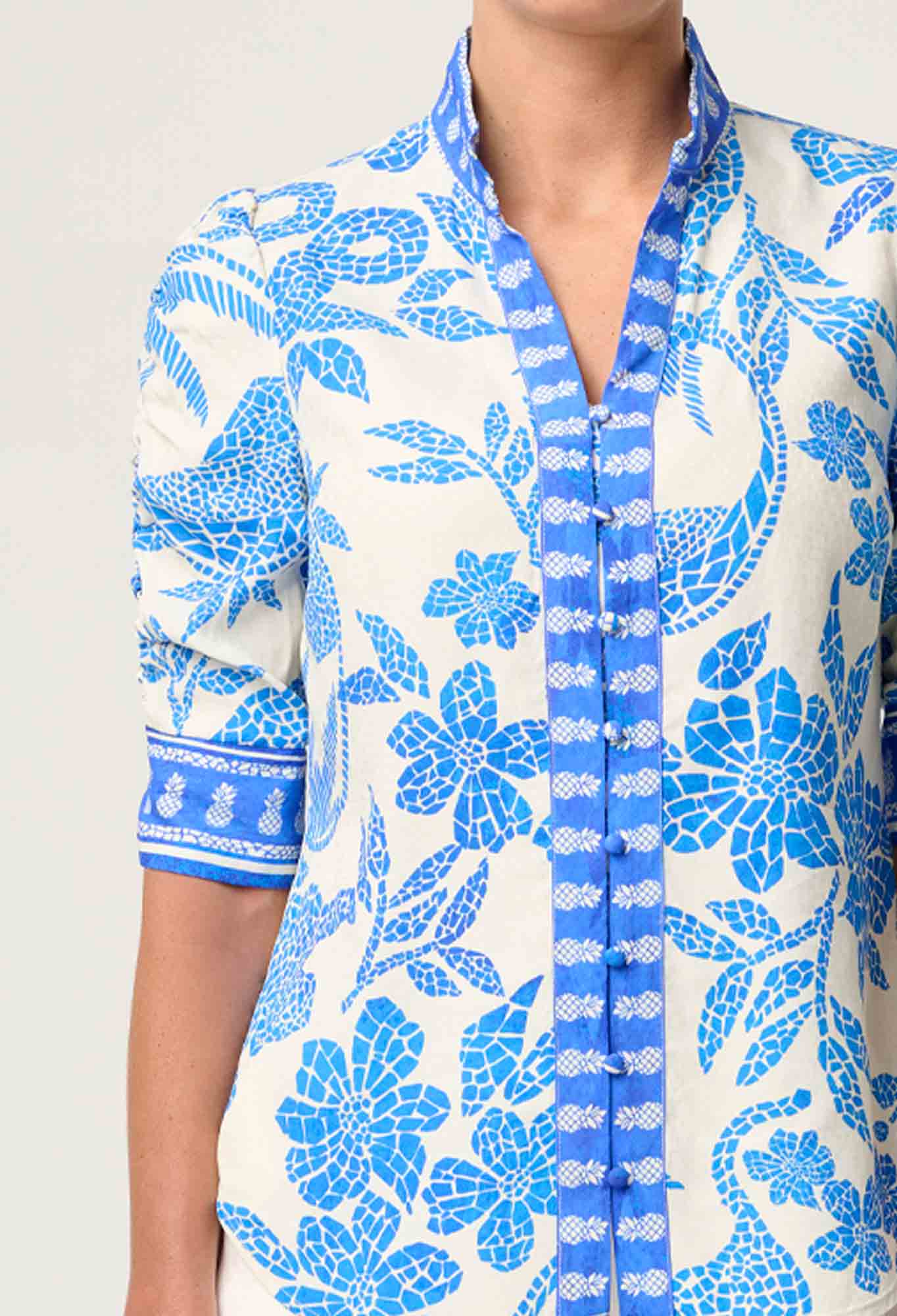Shop Oncewas Calantha Viscose Dobby Rouched Sleeve Shirt in Azure Mosaic - OnceWas