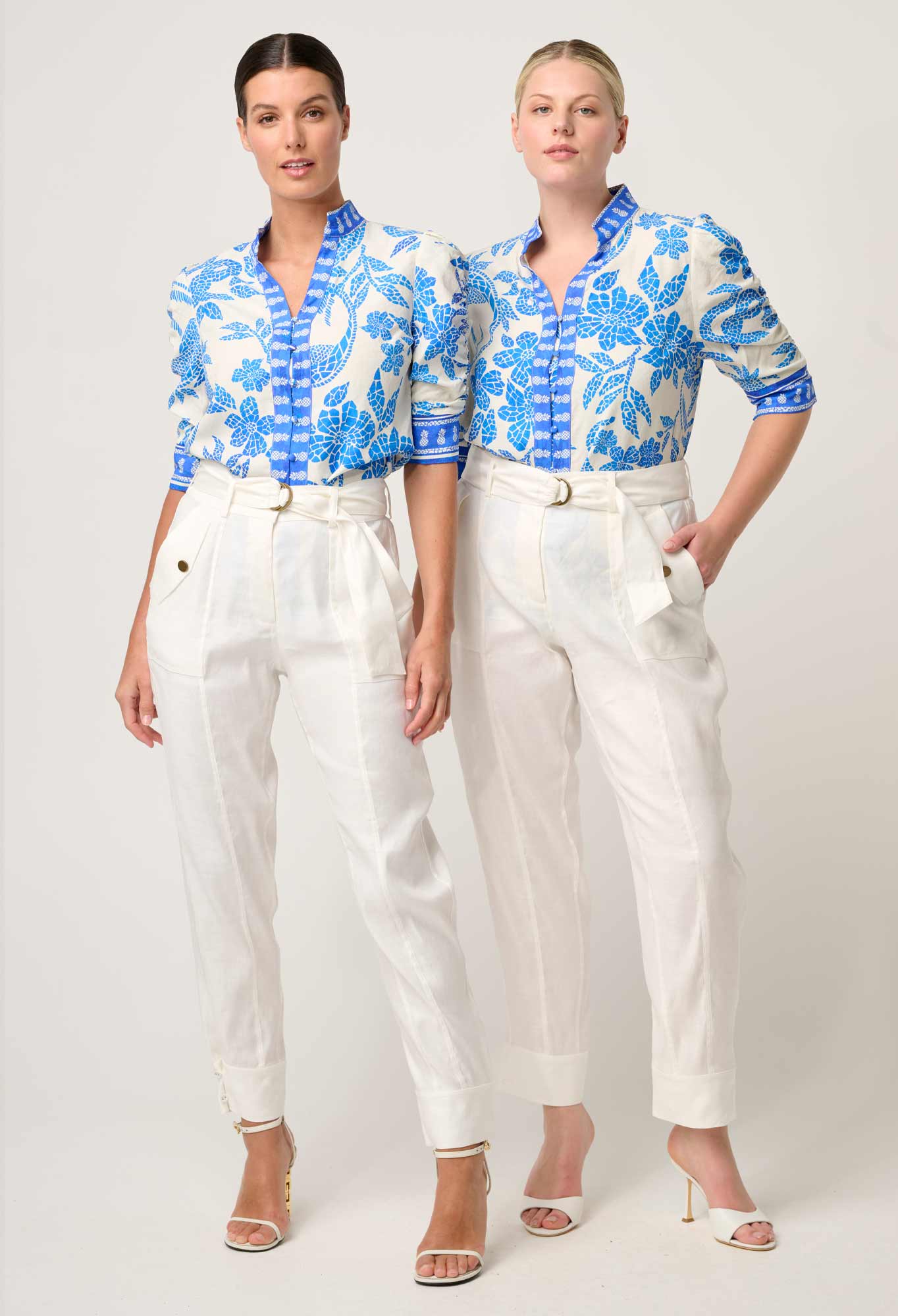 Shop Oncewas Calantha Viscose Dobby Rouched Sleeve Shirt in Azure Mosaic - OnceWas