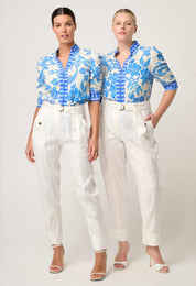 Shop Oncewas Calantha Viscose Dobby Rouched Sleeve Shirt in Azure Mosaic - OnceWas