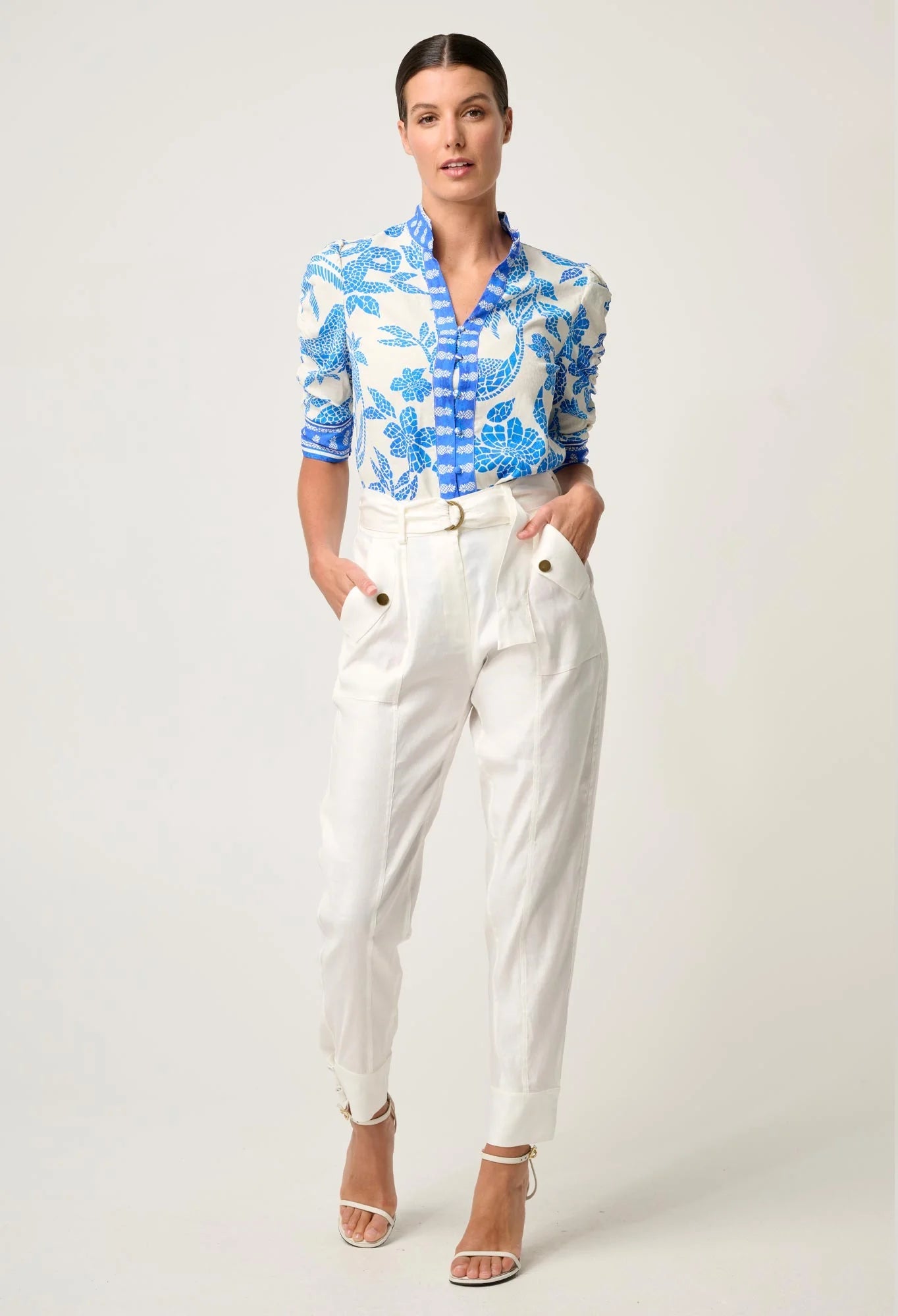Shop Oncewas Calantha Viscose Dobby Rouched Sleeve Shirt in Azure Mosaic - OnceWas