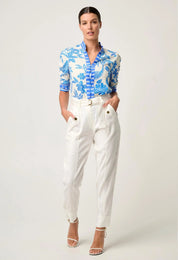 Shop Oncewas Calantha Viscose Dobby Rouched Sleeve Shirt in Azure Mosaic - OnceWas