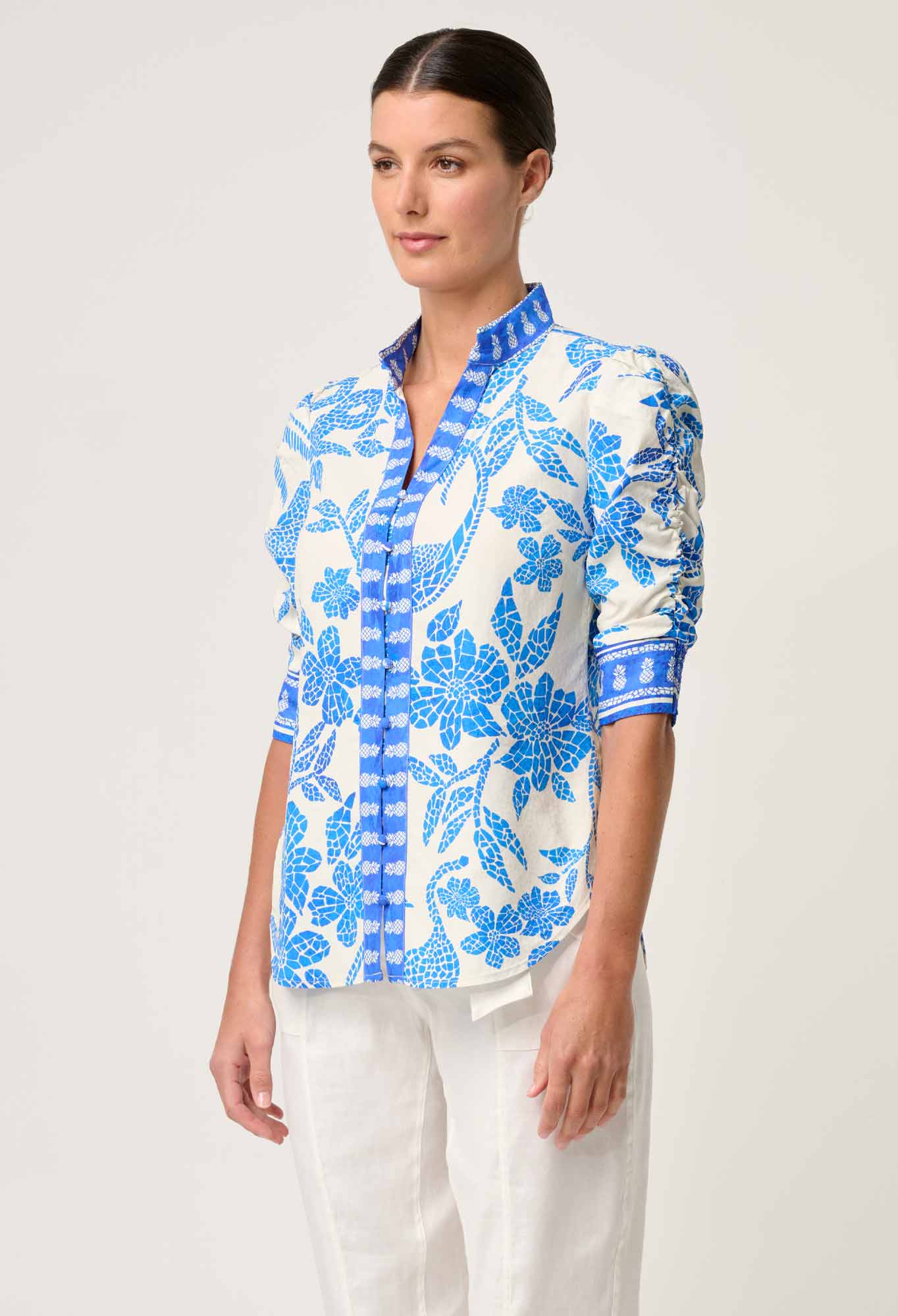 Shop Oncewas Calantha Viscose Dobby Rouched Sleeve Shirt in Azure Mosaic - OnceWas