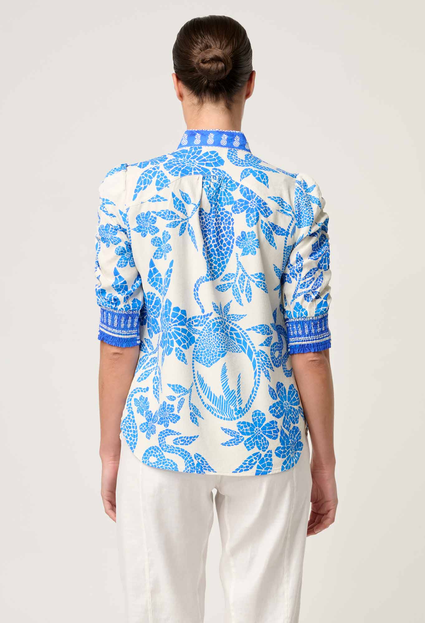 Shop Oncewas Calantha Viscose Dobby Rouched Sleeve Shirt in Azure Mosaic - OnceWas