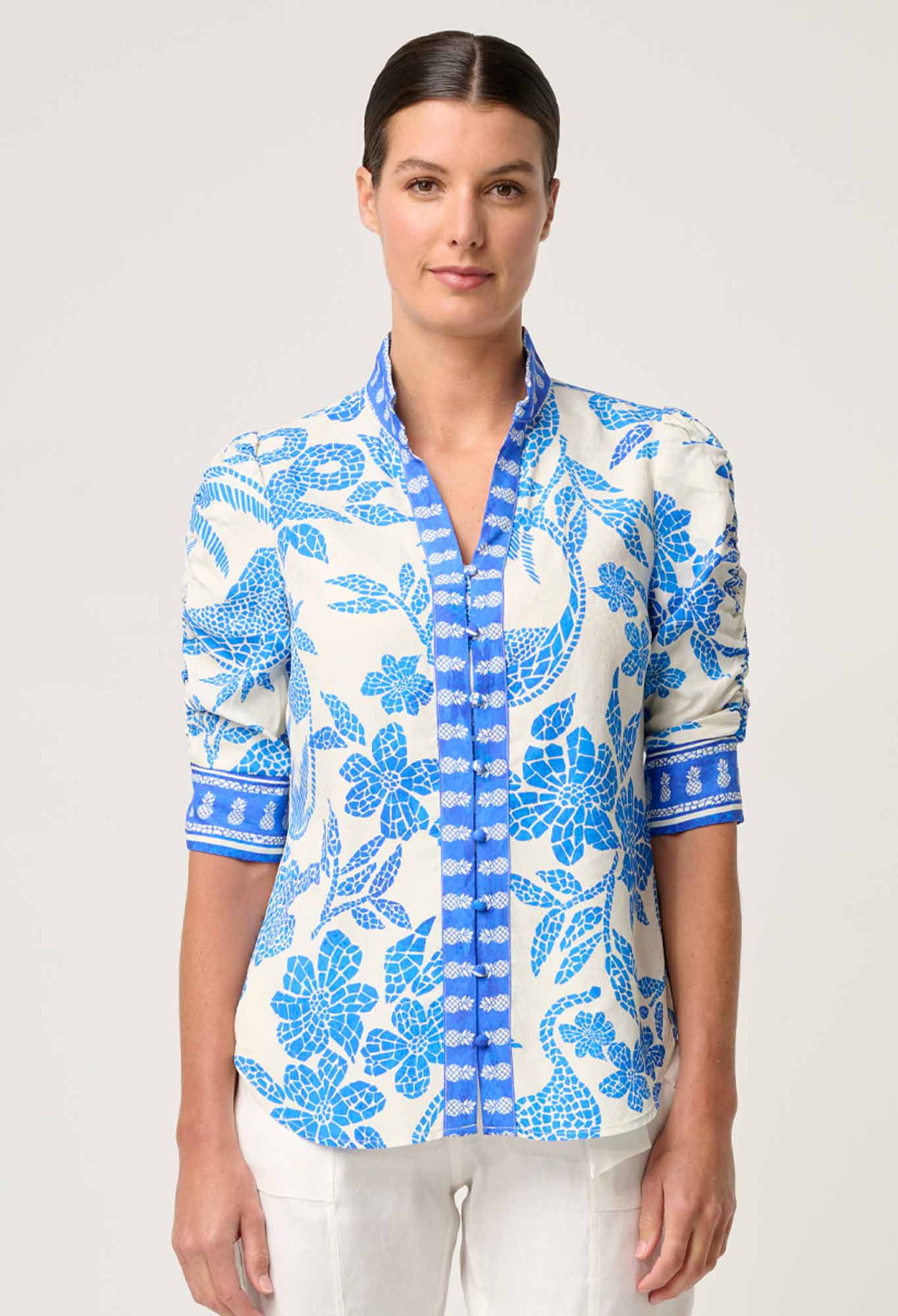 Shop Oncewas Calantha Viscose Dobby Rouched Sleeve Shirt in Azure Mosaic - OnceWas