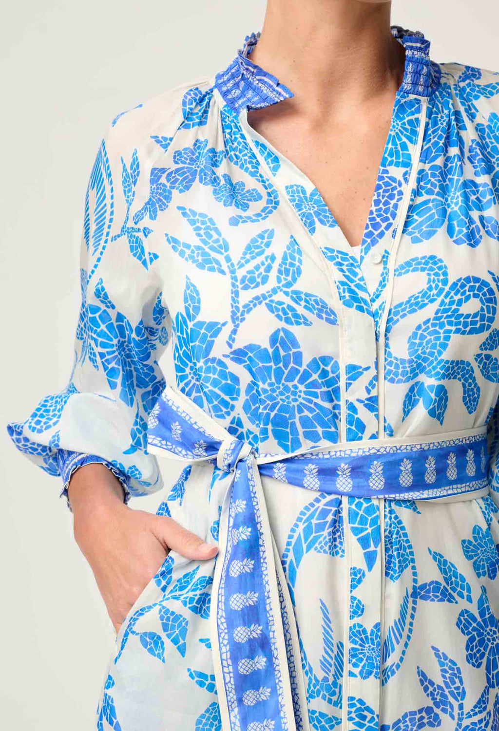 Shop Oncewas Carmen Silk Cotton Maxi Dress in Azure Mosaic - OnceWas