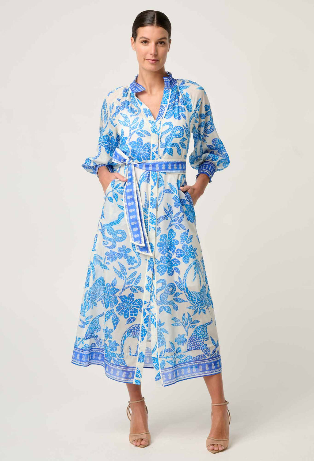 Shop Oncewas Carmen Silk Cotton Maxi Dress in Azure Mosaic - OnceWas