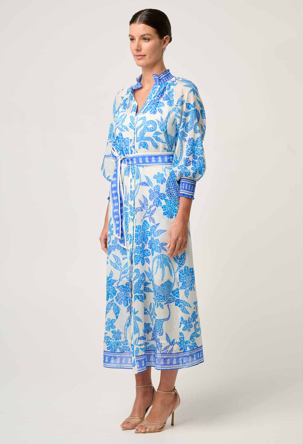 Shop Oncewas Carmen Silk Cotton Maxi Dress in Azure Mosaic - OnceWas