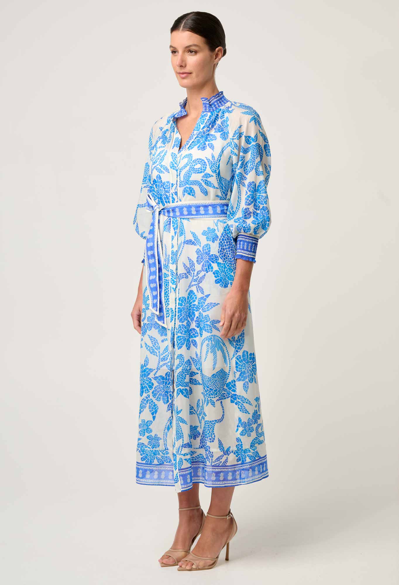 Shop Oncewas Carmen Silk Cotton Maxi Dress in Azure Mosaic - OnceWas