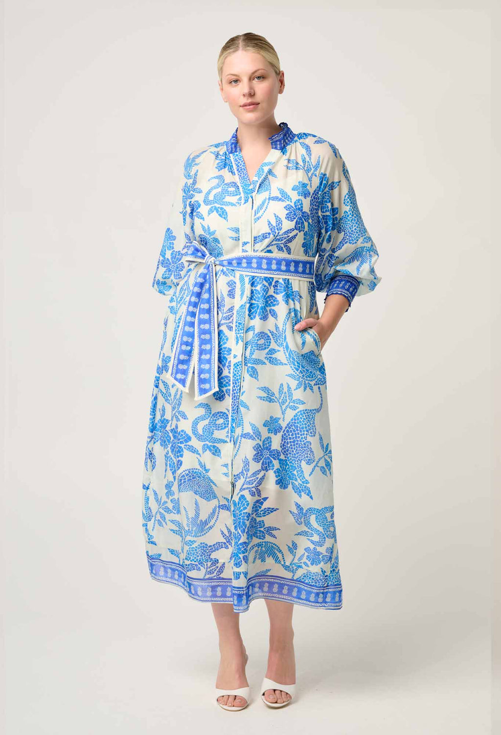 Shop Oncewas Carmen Silk Cotton Maxi Dress in Azure Mosaic - OnceWas