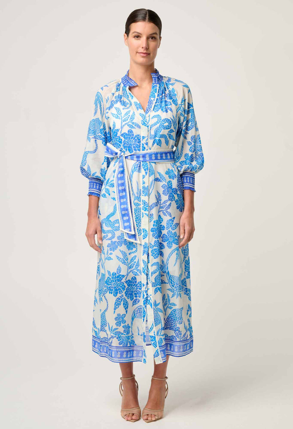 Shop Oncewas Carmen Silk Cotton Maxi Dress in Azure Mosaic - OnceWas