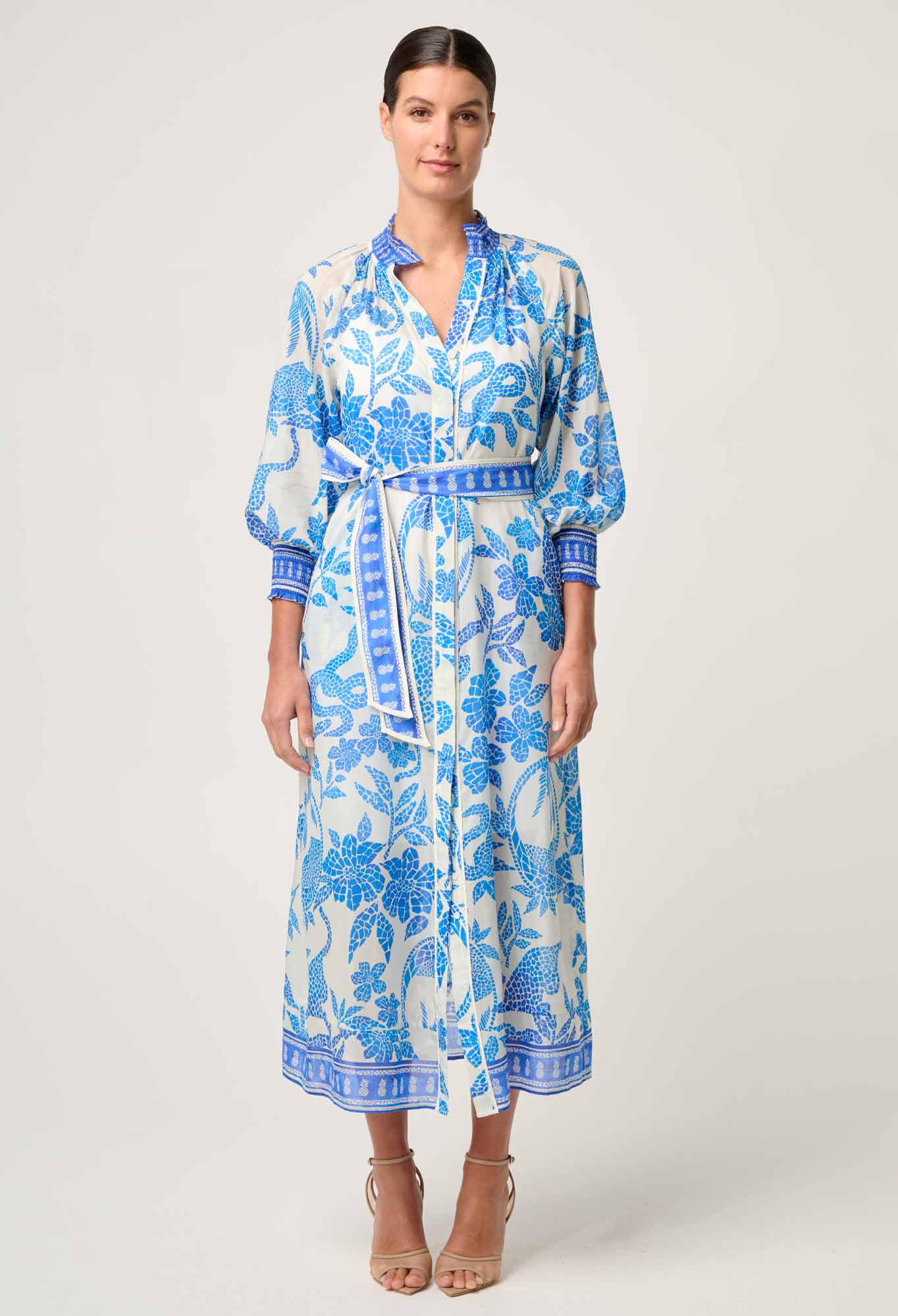 Shop Oncewas Carmen Silk Cotton Maxi Dress in Azure Mosaic - OnceWas