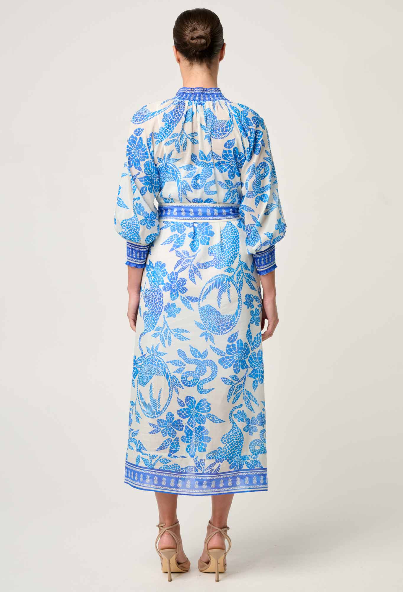 Shop Oncewas Carmen Silk Cotton Maxi Dress in Azure Mosaic - OnceWas