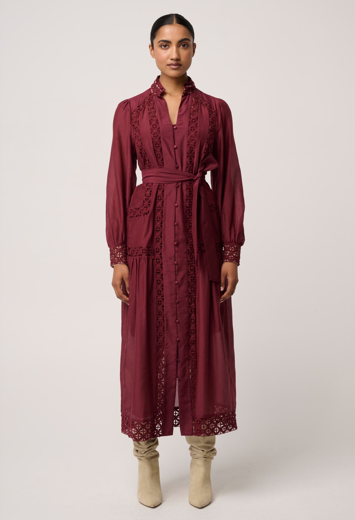 Shop Oncewas Cascadian Cotton Silk Maxi Dress in Bordeaux - OnceWas