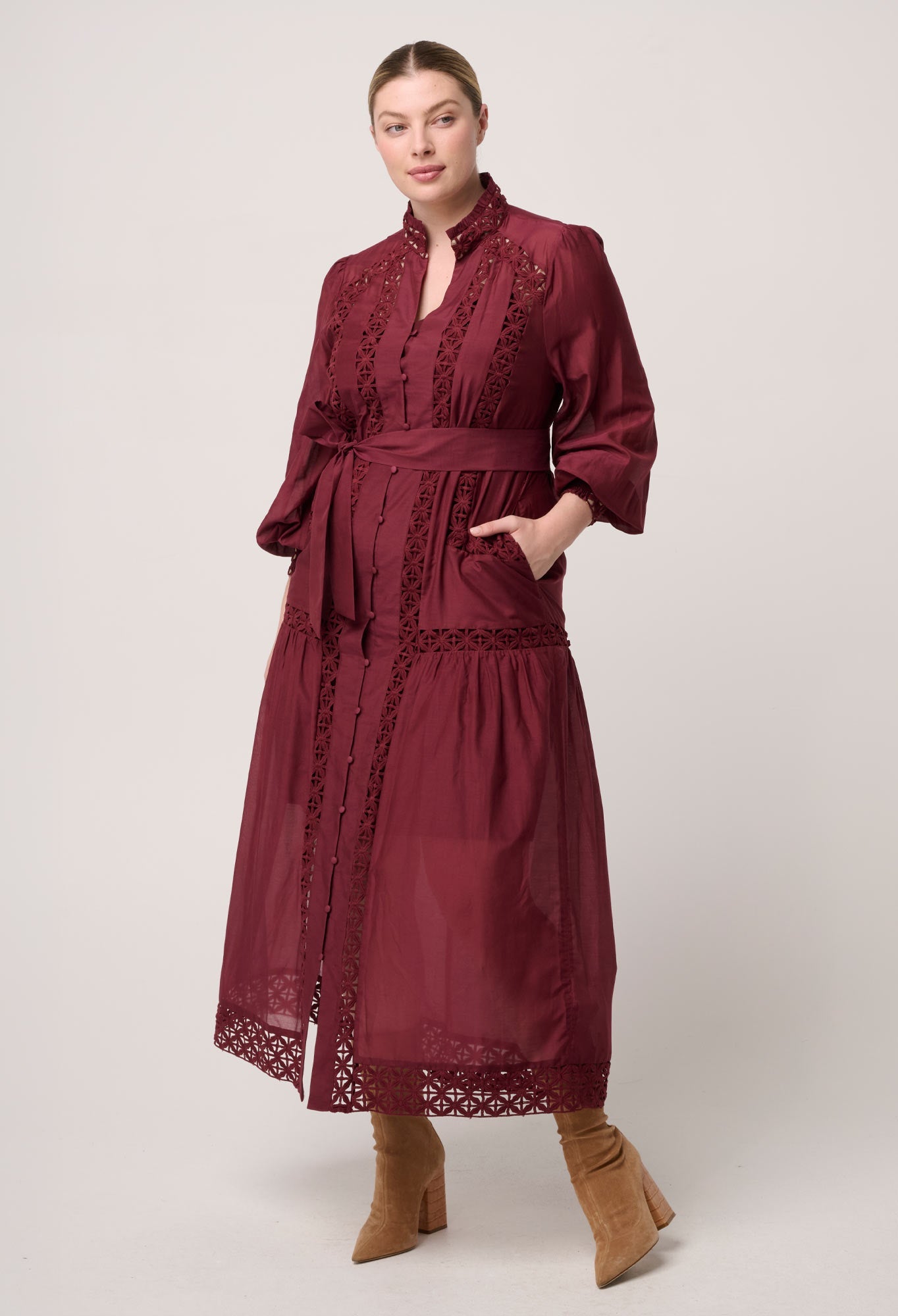 Shop Oncewas Cascadian Cotton Silk Maxi Dress in Bordeaux - OnceWas
