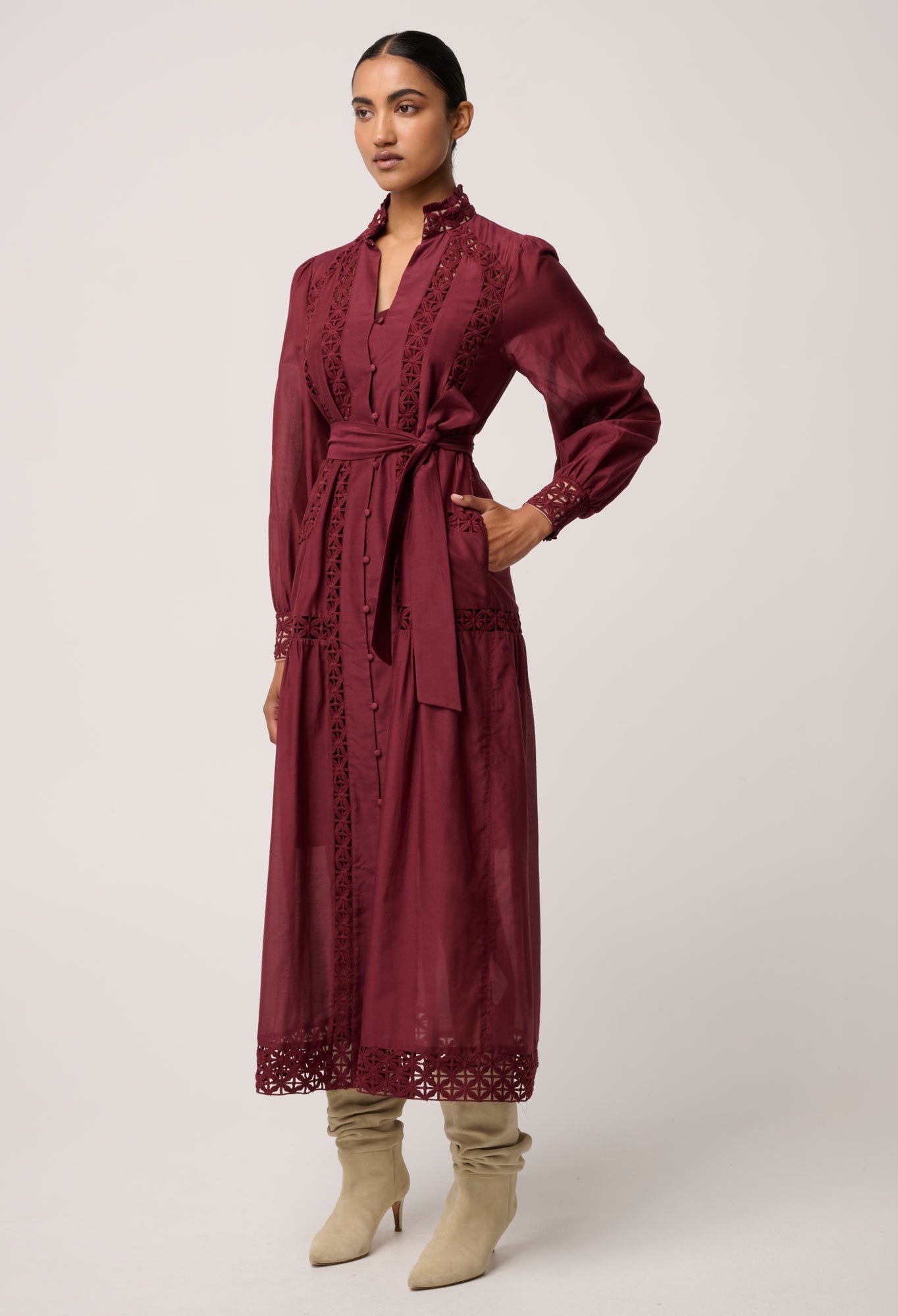Shop Oncewas Cascadian Cotton Silk Maxi Dress in Bordeaux - OnceWas