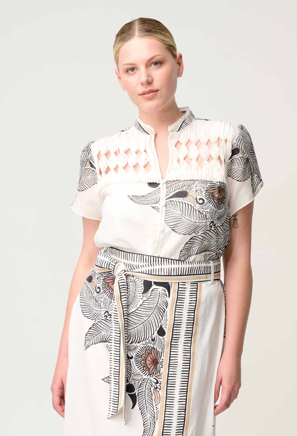 Shop Oncewas Dalia Diamond Smock Yoke Silk Cotton Shirt in Ivory Casablanca - OnceWas