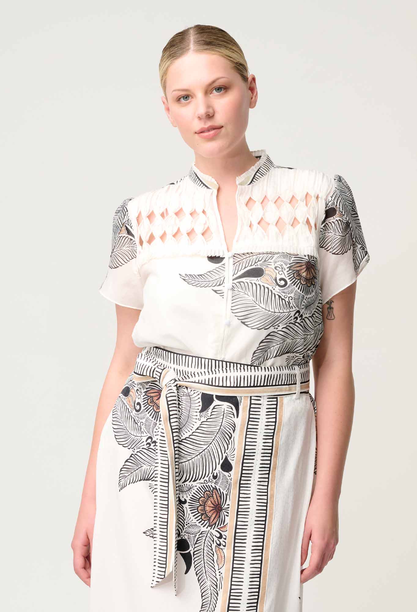 Shop Oncewas Dalia Diamond Smock Yoke Silk Cotton Shirt in Ivory Casablanca - OnceWas