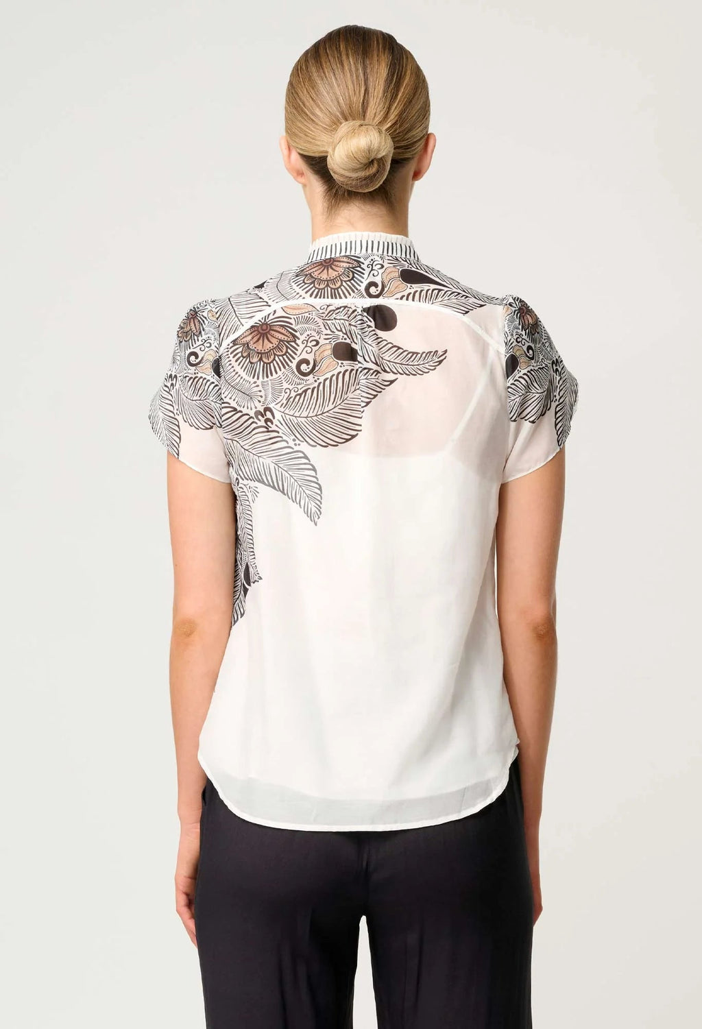 Shop Oncewas Dalia Diamond Smock Yoke Silk Cotton Shirt in Ivory Casablanca - OnceWas