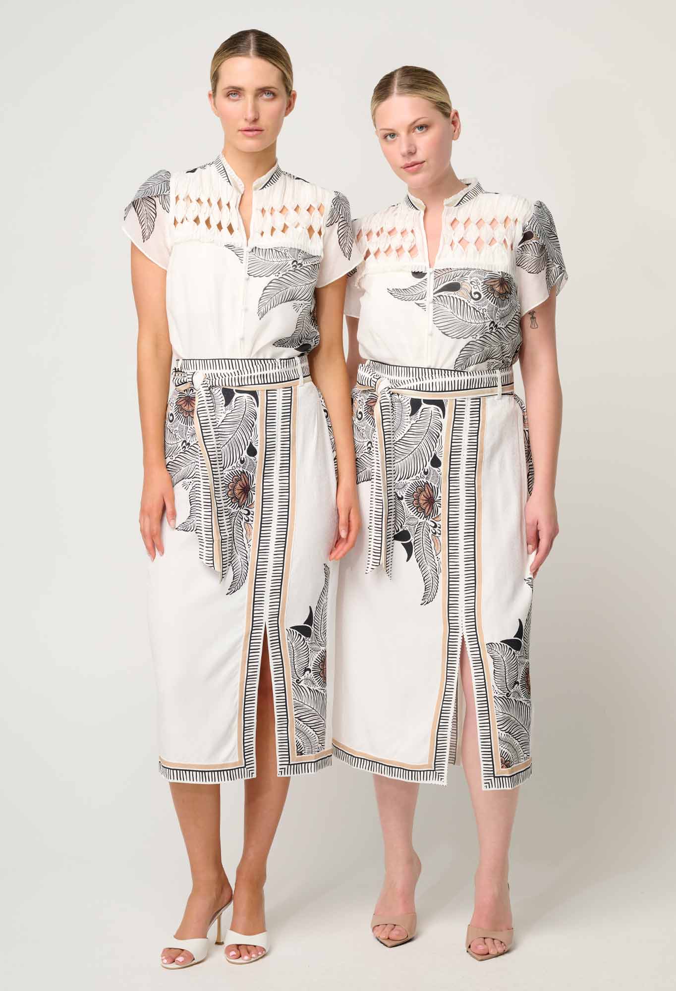 Shop Oncewas Dalia Diamond Smock Yoke Silk Cotton Shirt in Ivory Casablanca - OnceWas