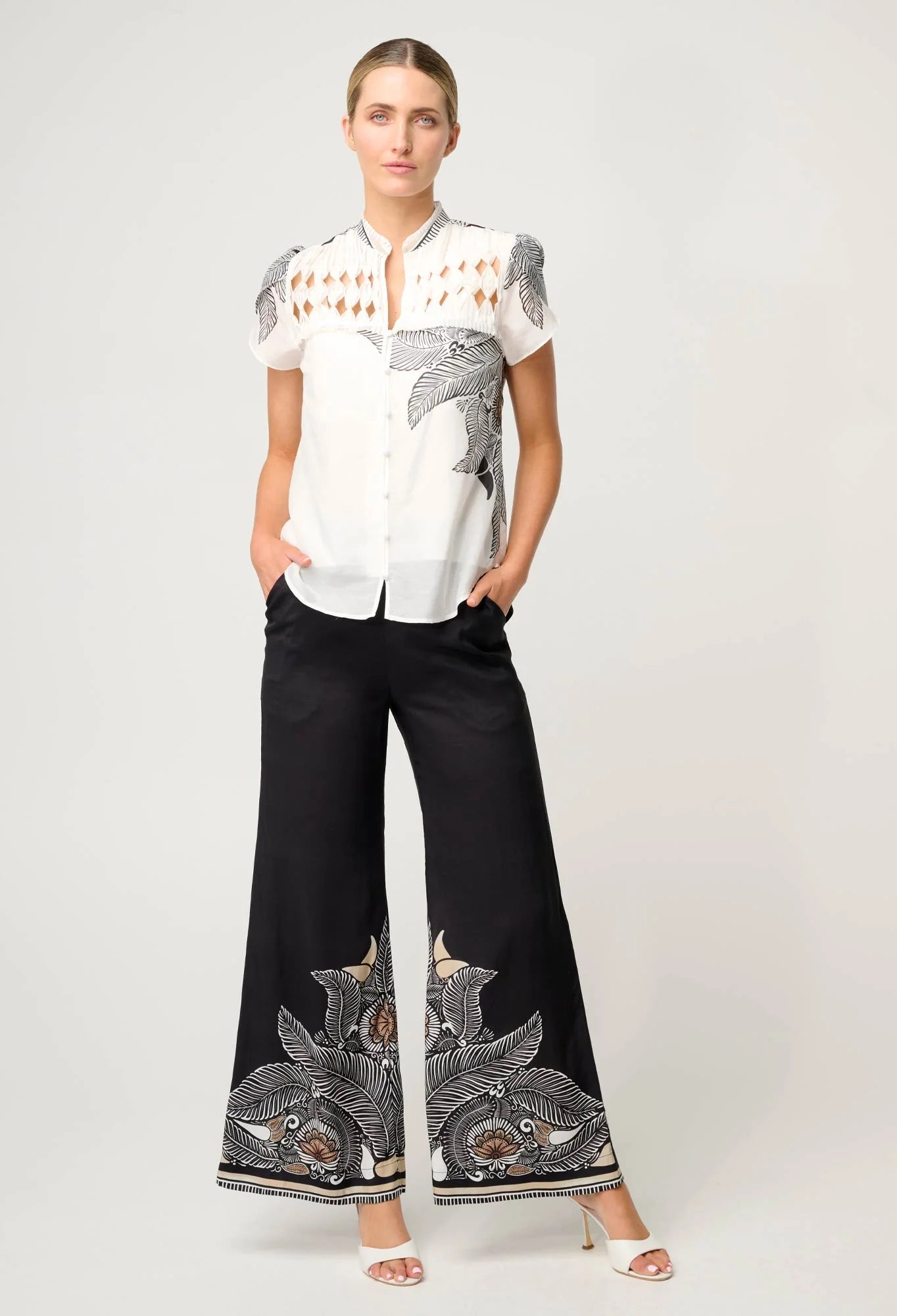 Shop Oncewas Dalia Diamond Smock Yoke Silk Cotton Shirt in Ivory Casablanca - OnceWas