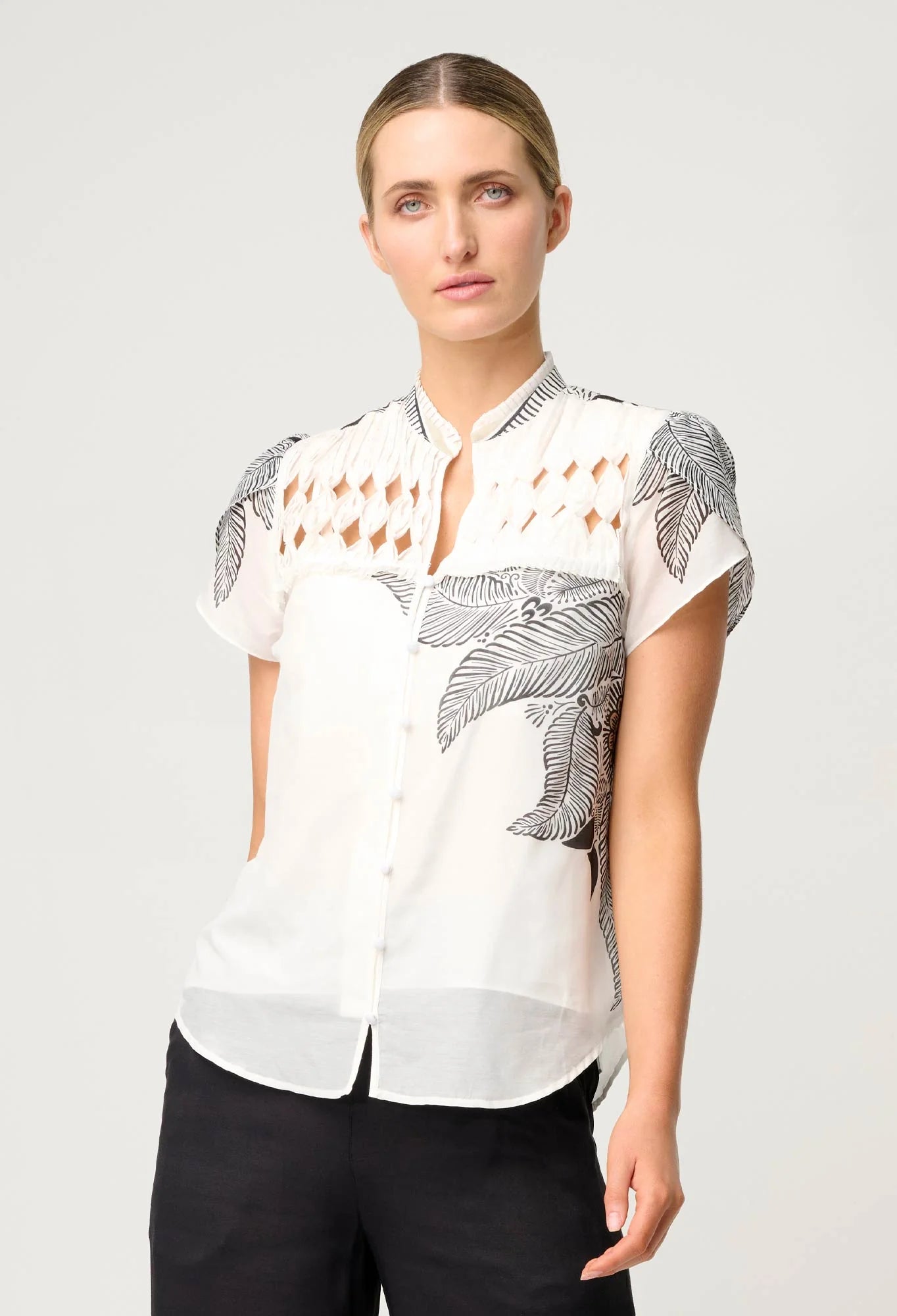 Shop Oncewas Dalia Diamond Smock Yoke Silk Cotton Shirt in Ivory Casablanca - OnceWas