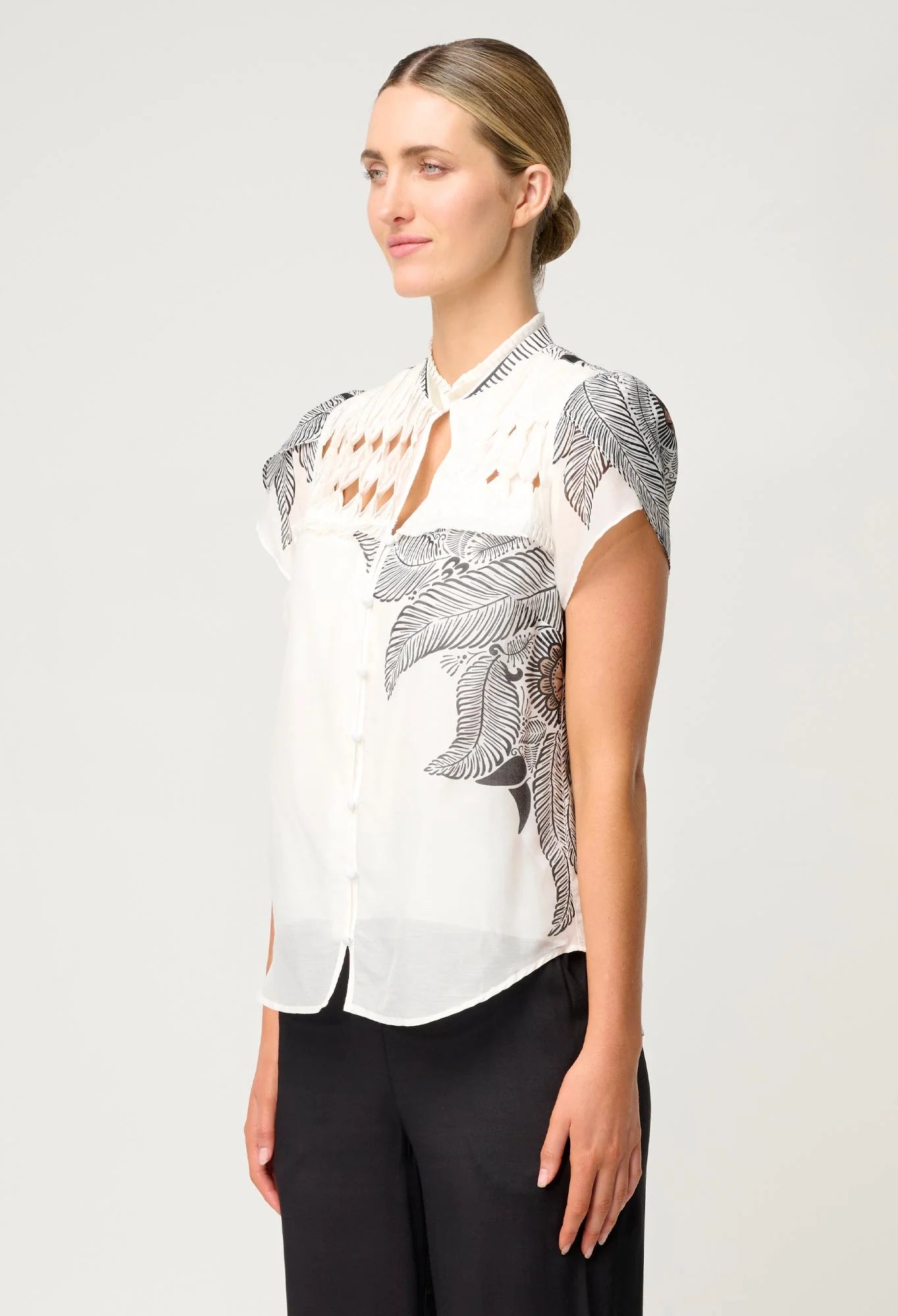 Shop Oncewas Dalia Diamond Smock Yoke Silk Cotton Shirt in Ivory Casablanca - OnceWas