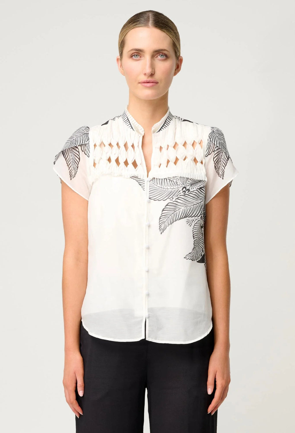 Shop Oncewas Dalia Diamond Smock Yoke Silk Cotton Shirt in Ivory Casablanca - OnceWas
