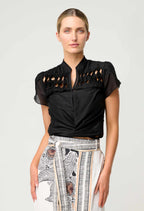 Shop Oncewas Dalia Diamond Smock Yoke Silk Cotton Shirt in Onyx - OnceWas