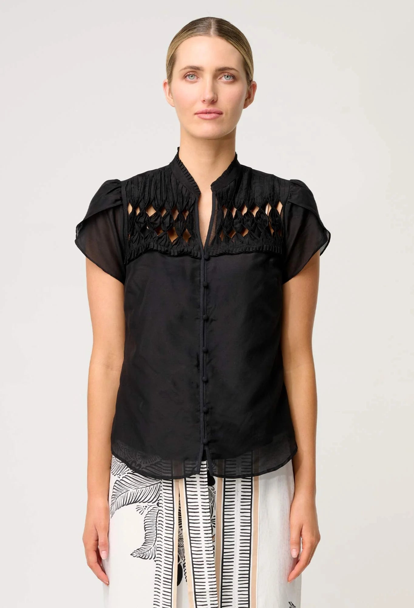 Shop Oncewas Dalia Diamond Smock Yoke Silk Cotton Shirt in Onyx - OnceWas