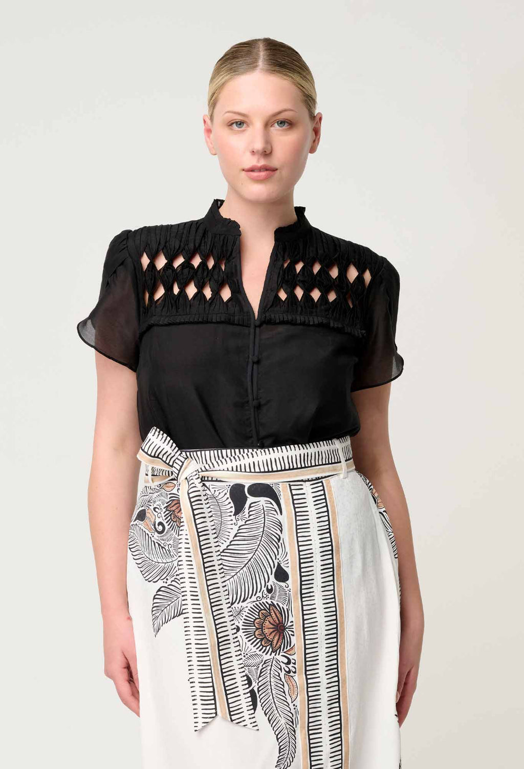 Shop Oncewas Dalia Diamond Smock Yoke Silk Cotton Shirt in Onyx - OnceWas