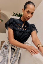 Shop Oncewas Dalia Diamond Smock Yoke Silk Cotton Shirt in Onyx - OnceWas