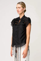 Shop Oncewas Dalia Diamond Smock Yoke Silk Cotton Shirt in Onyx - OnceWas