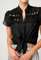 Shop Oncewas Dalia Diamond Smock Yoke Silk Cotton Shirt in Onyx - OnceWas