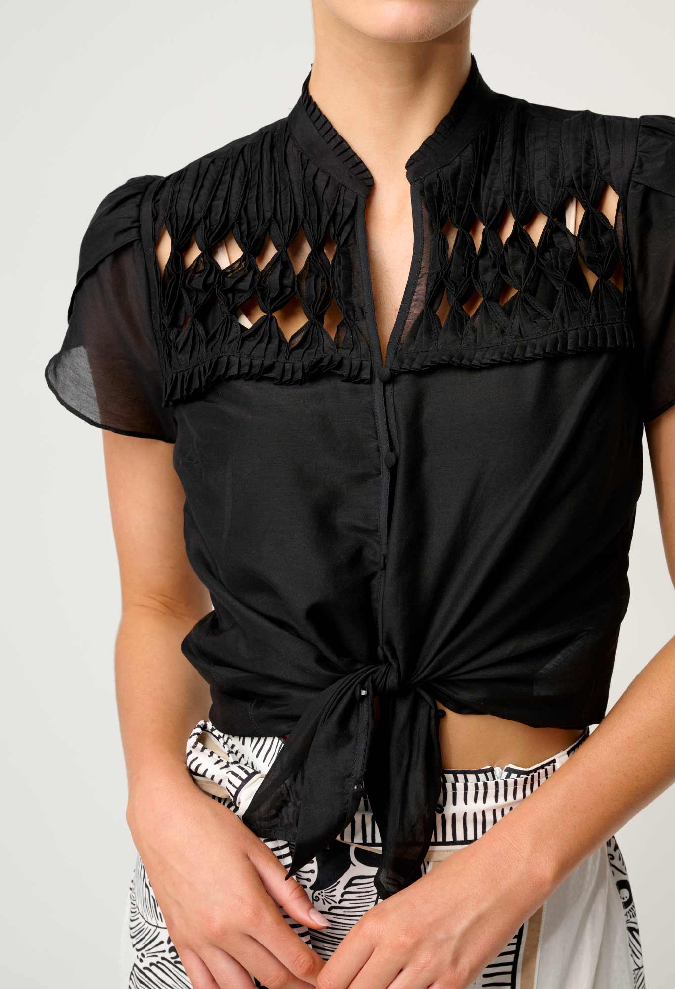 Shop Oncewas Dalia Diamond Smock Yoke Silk Cotton Shirt in Onyx - OnceWas