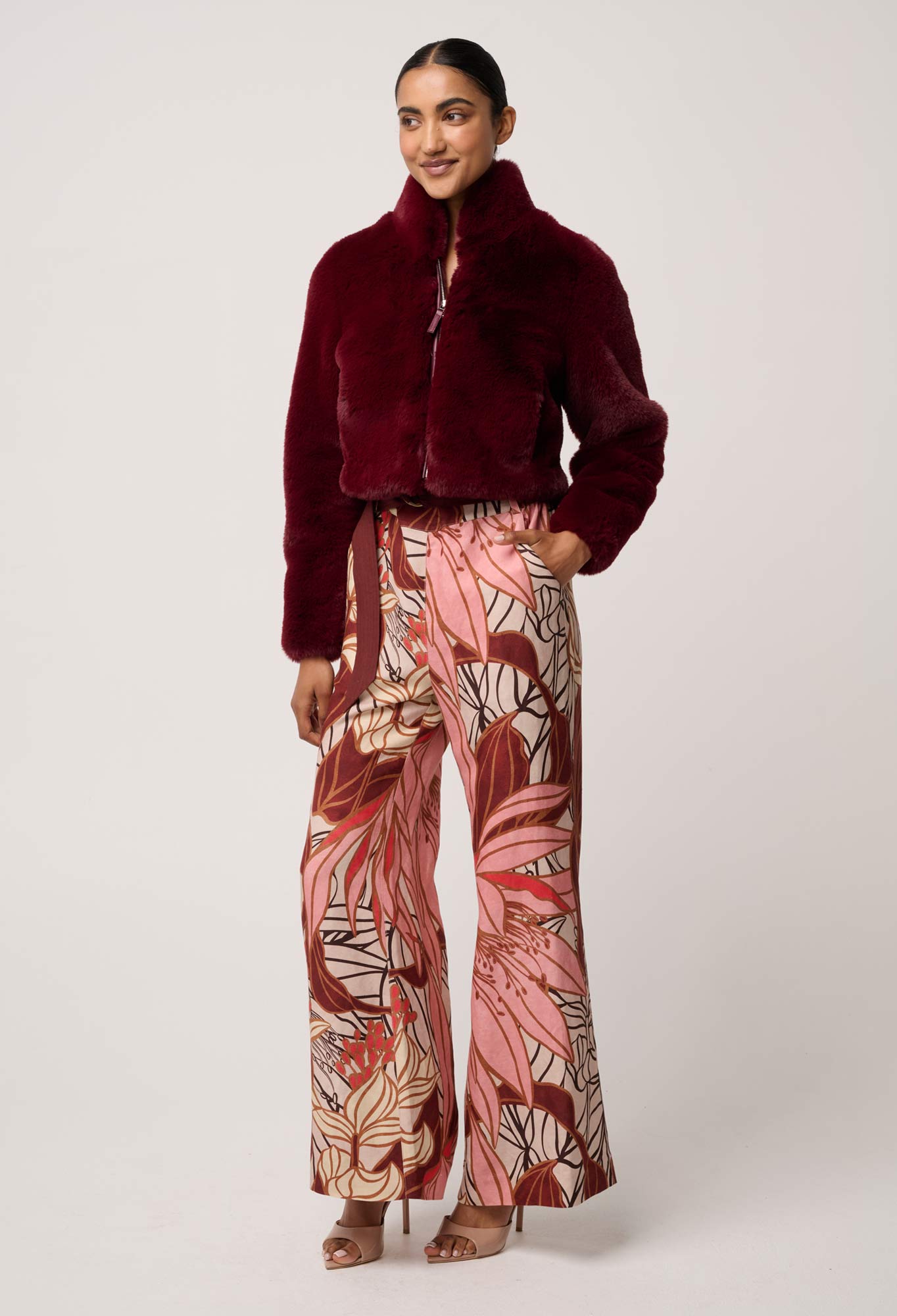 Shop Oncewas Dawn Faux Fur Cropped Jacket in Bordeaux - OnceWas