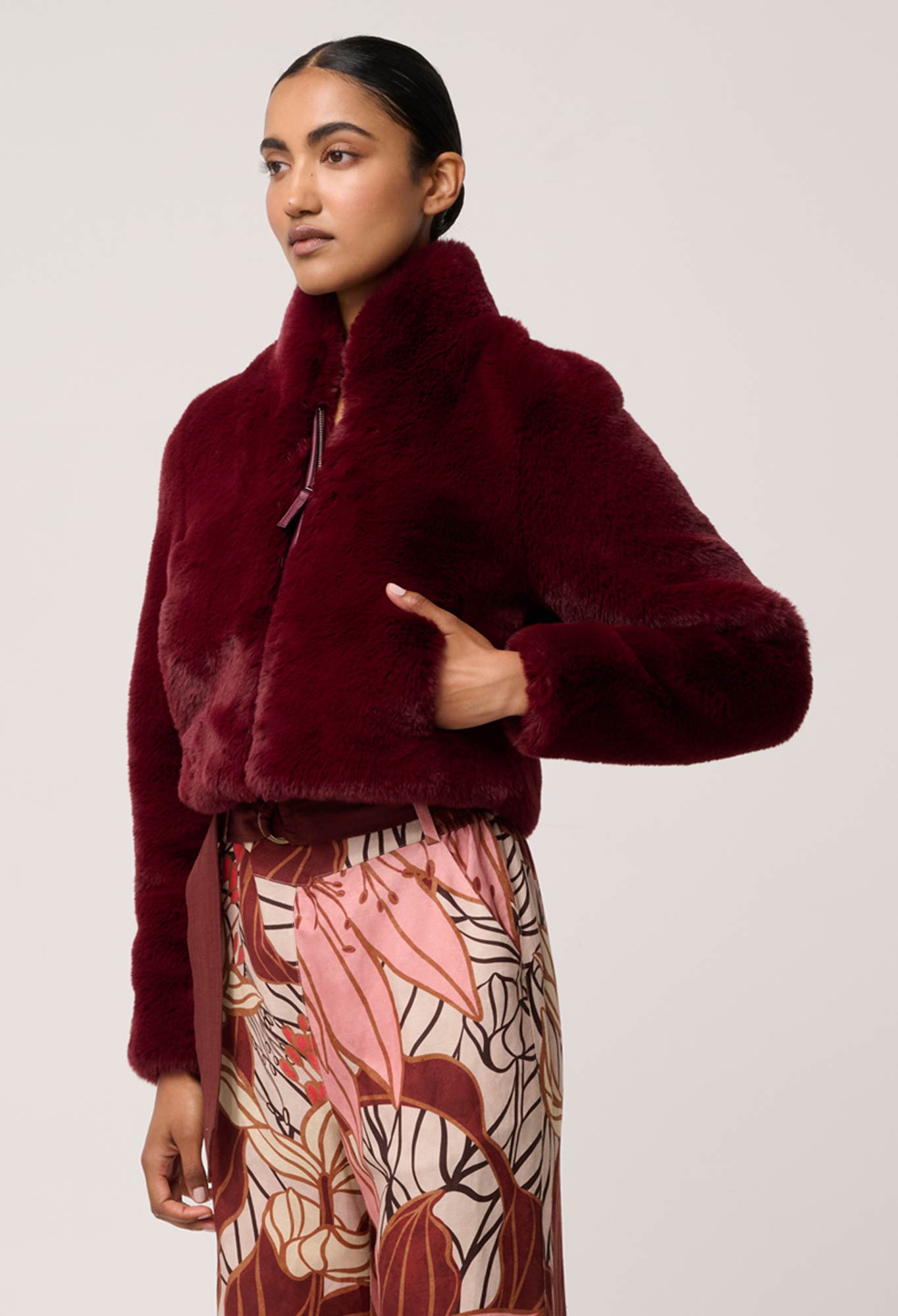Shop Oncewas Dawn Faux Fur Cropped Jacket in Bordeaux - OnceWas