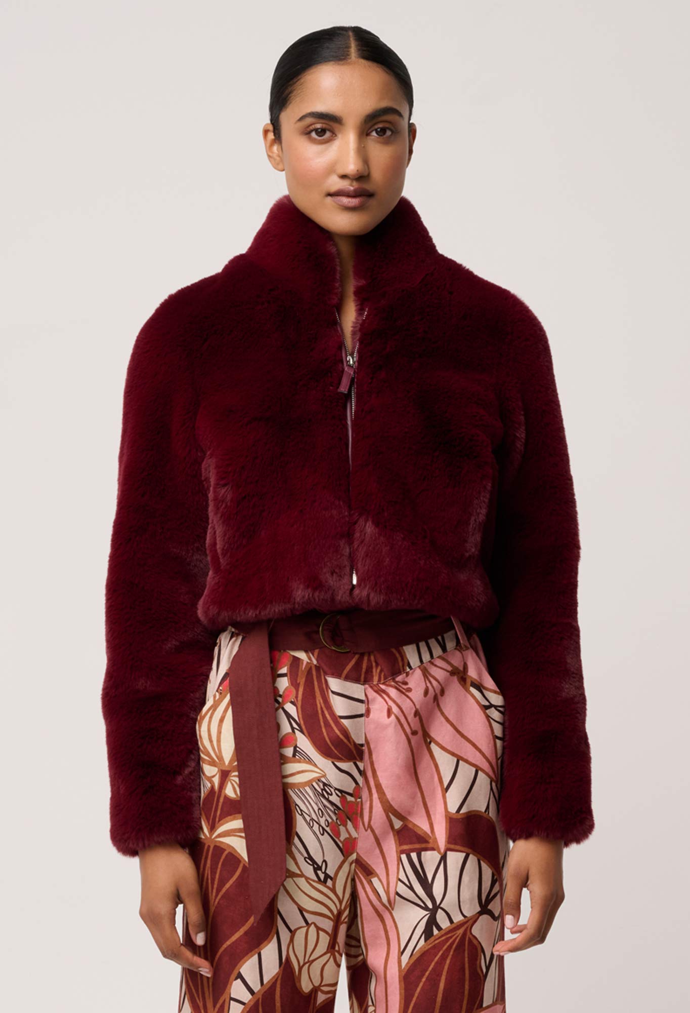 Shop Oncewas Dawn Faux Fur Cropped Jacket in Bordeaux - OnceWas
