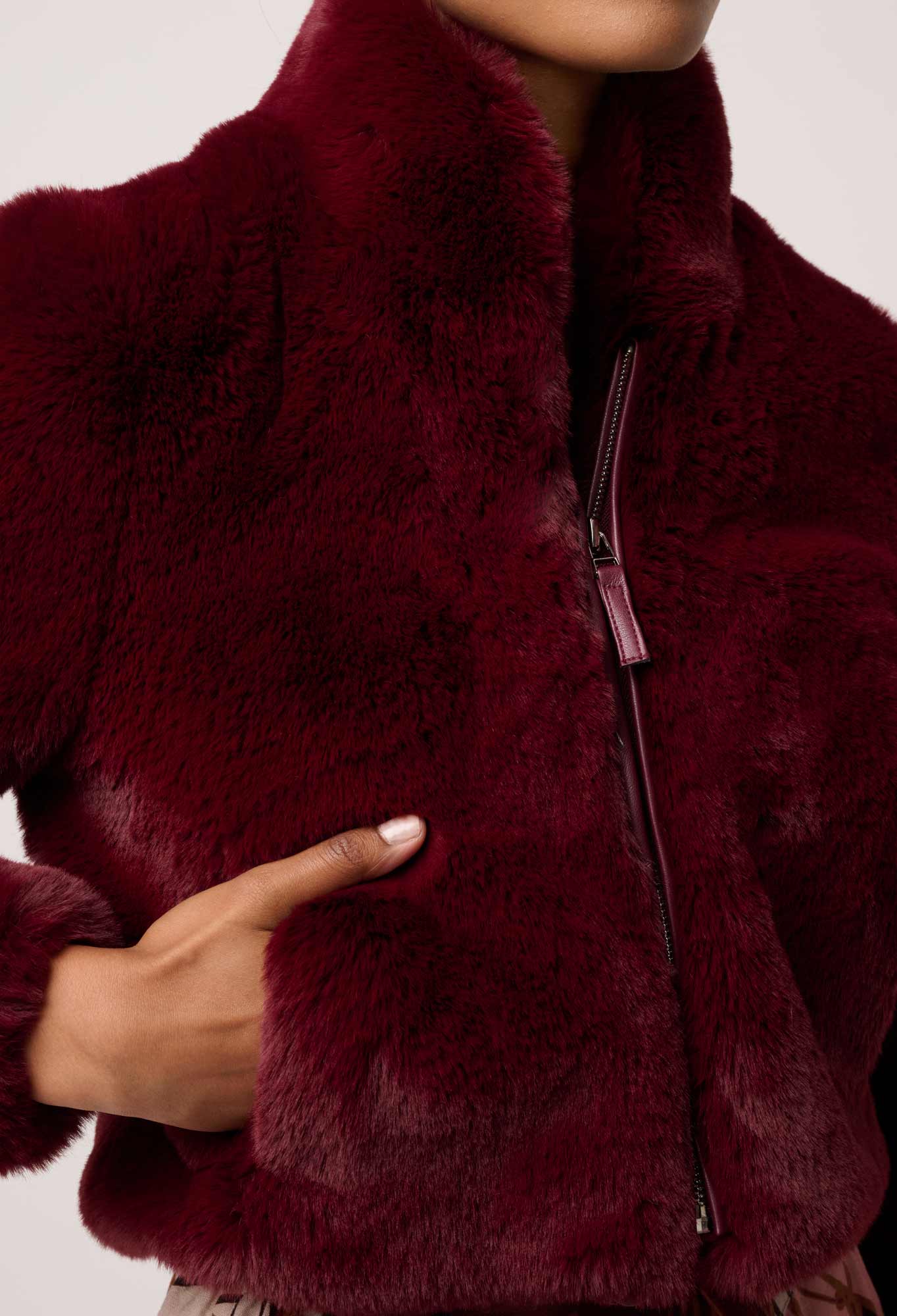 Shop Oncewas Dawn Faux Fur Cropped Jacket in Bordeaux - OnceWas