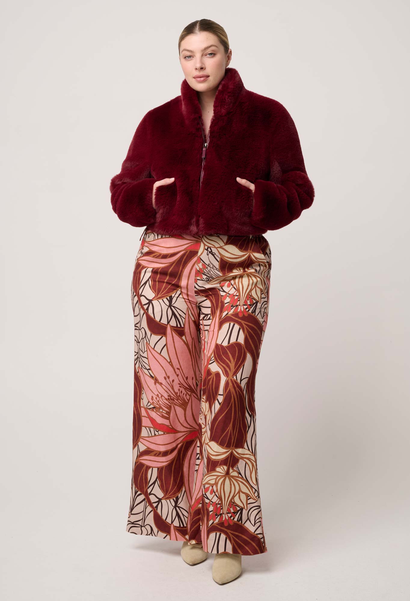 Shop Oncewas Dawn Faux Fur Cropped Jacket in Bordeaux - OnceWas