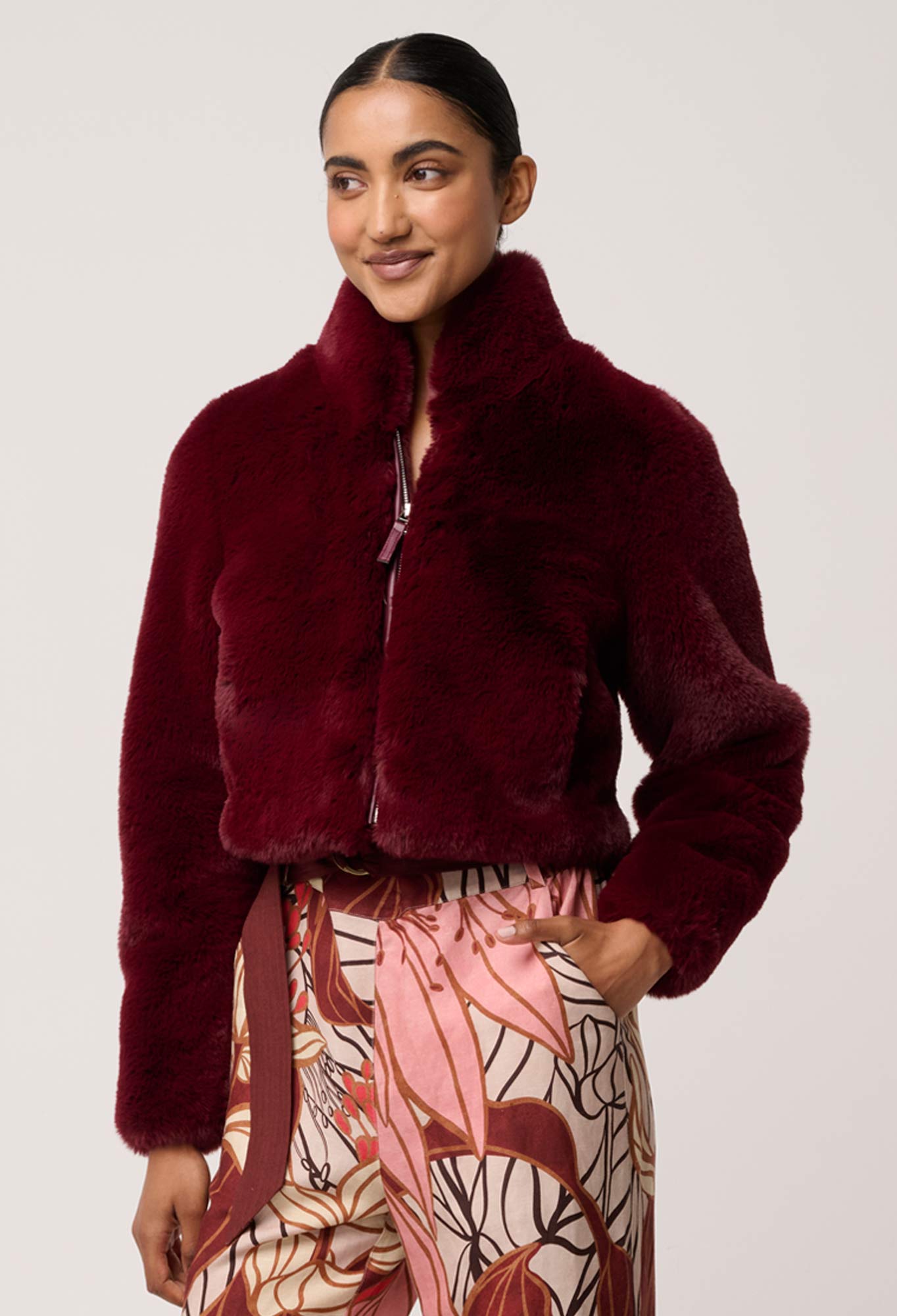 Shop Oncewas Dawn Faux Fur Cropped Jacket in Bordeaux - OnceWas