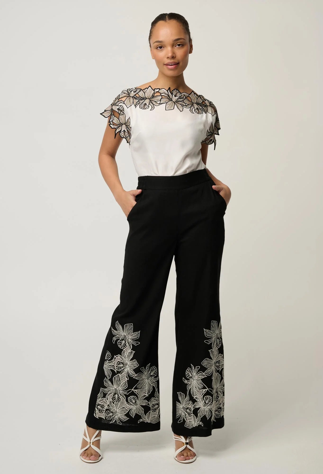 Shop Oncewas Eleanor Cupro Blend Embroidery Detail Wide Neck Top in Ivory - OnceWas
