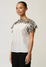 Oncewas Eleanor Cupro Blend Embroidery Detail Wide Neck Top in Ivory