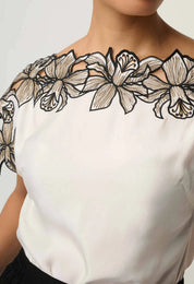 Shop Oncewas Eleanor Cupro Blend Embroidery Detail Wide Neck Top in Ivory - OnceWas