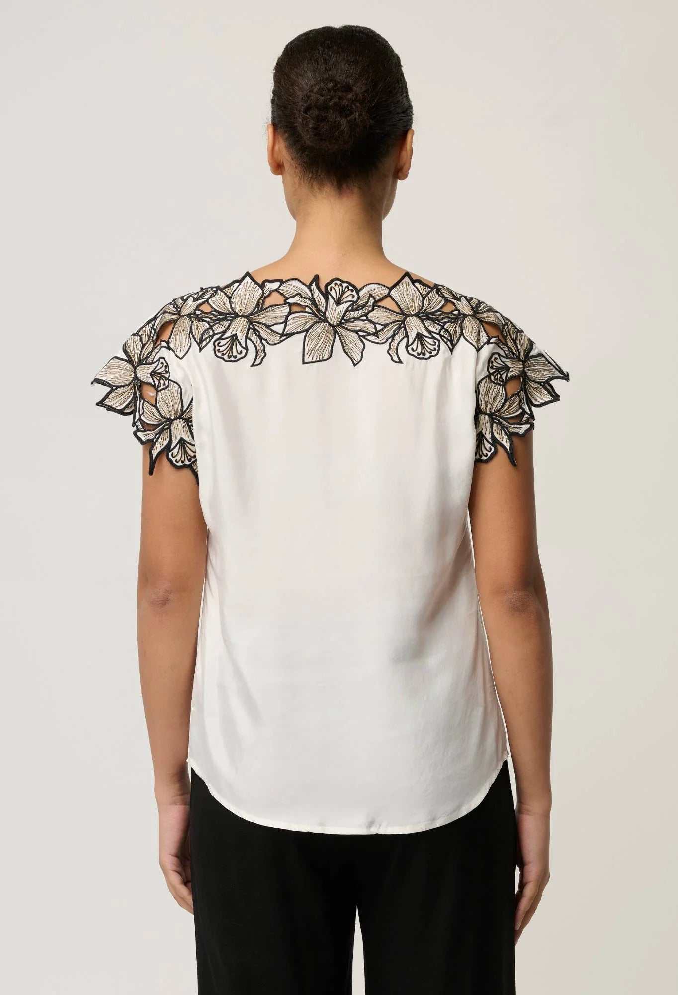 Shop Oncewas Eleanor Cupro Blend Embroidery Detail Wide Neck Top in Ivory - OnceWas