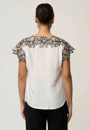 Shop Oncewas Eleanor Cupro Blend Embroidery Detail Wide Neck Top in Ivory - OnceWas