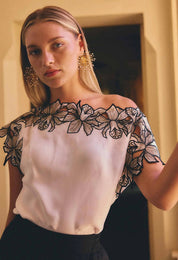 Shop Oncewas Eleanor Cupro Blend Embroidery Detail Wide Neck Top in Ivory - OnceWas