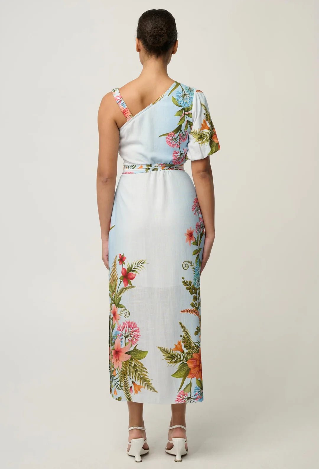 Shop Oncewas Elodie One Shoulder Linen Viscose Dress in Bloomscape - OnceWas
