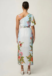 Shop Oncewas Elodie One Shoulder Linen Viscose Dress in Bloomscape - OnceWas