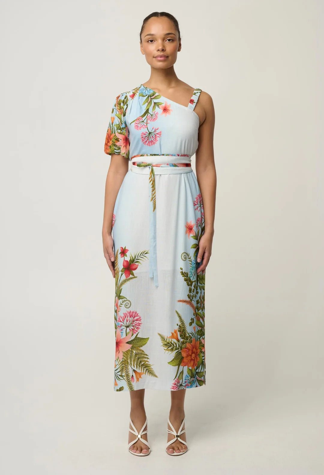 Shop Oncewas Elodie One Shoulder Linen Viscose Dress in Bloomscape - OnceWas