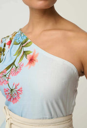 Shop Oncewas Elodie One Shoulder Linen Viscose Dress in Bloomscape - OnceWas